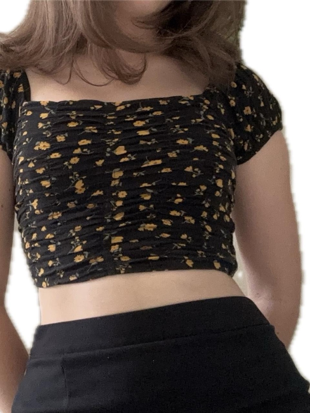 Aeropostale Black Crop Top with Yellow Floral Print